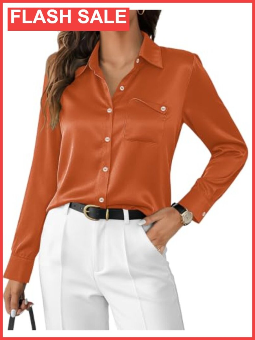 Odosalii Womens Satin Button Down Shirt Long Sleeve Blouse